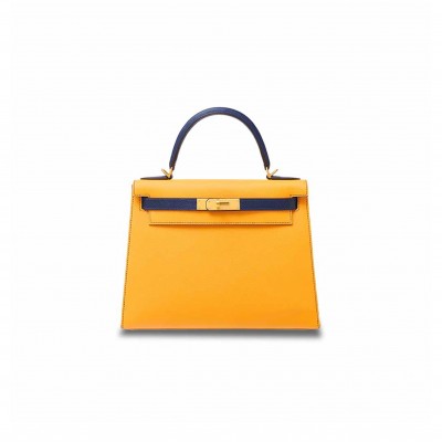 HERMÈS KELLY 28 EPSOM SUN YELLOW LIGHT BLUE GOLD BUCKLE (28*22*10cm) 